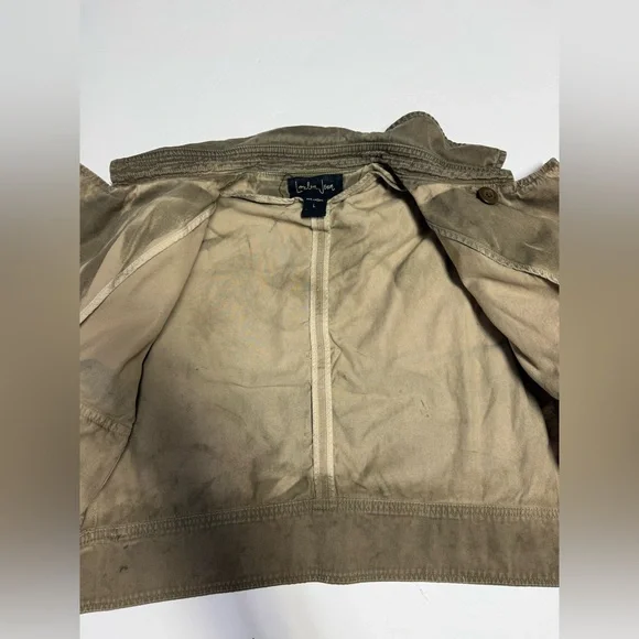 LONDON Jean Olive dyed distressed cropped double breasted utility Jacket size L - Picture 13 of 15